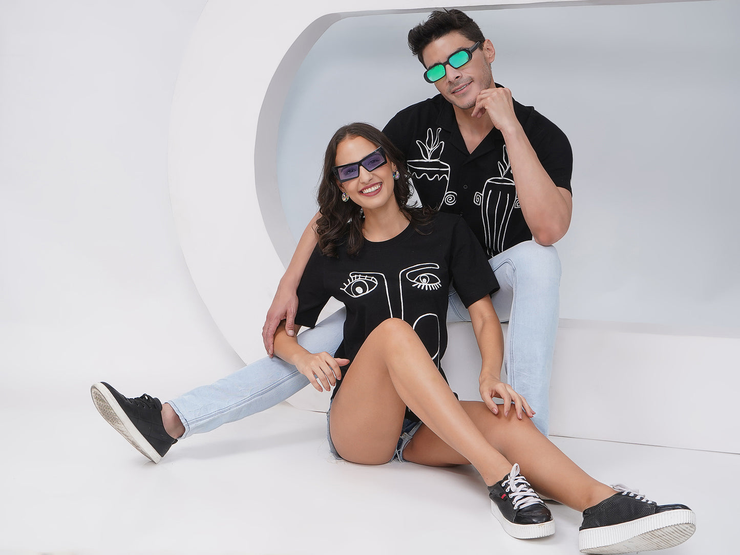 Couple Embroidered Black Set – Shirt & T-Shirt -KD006