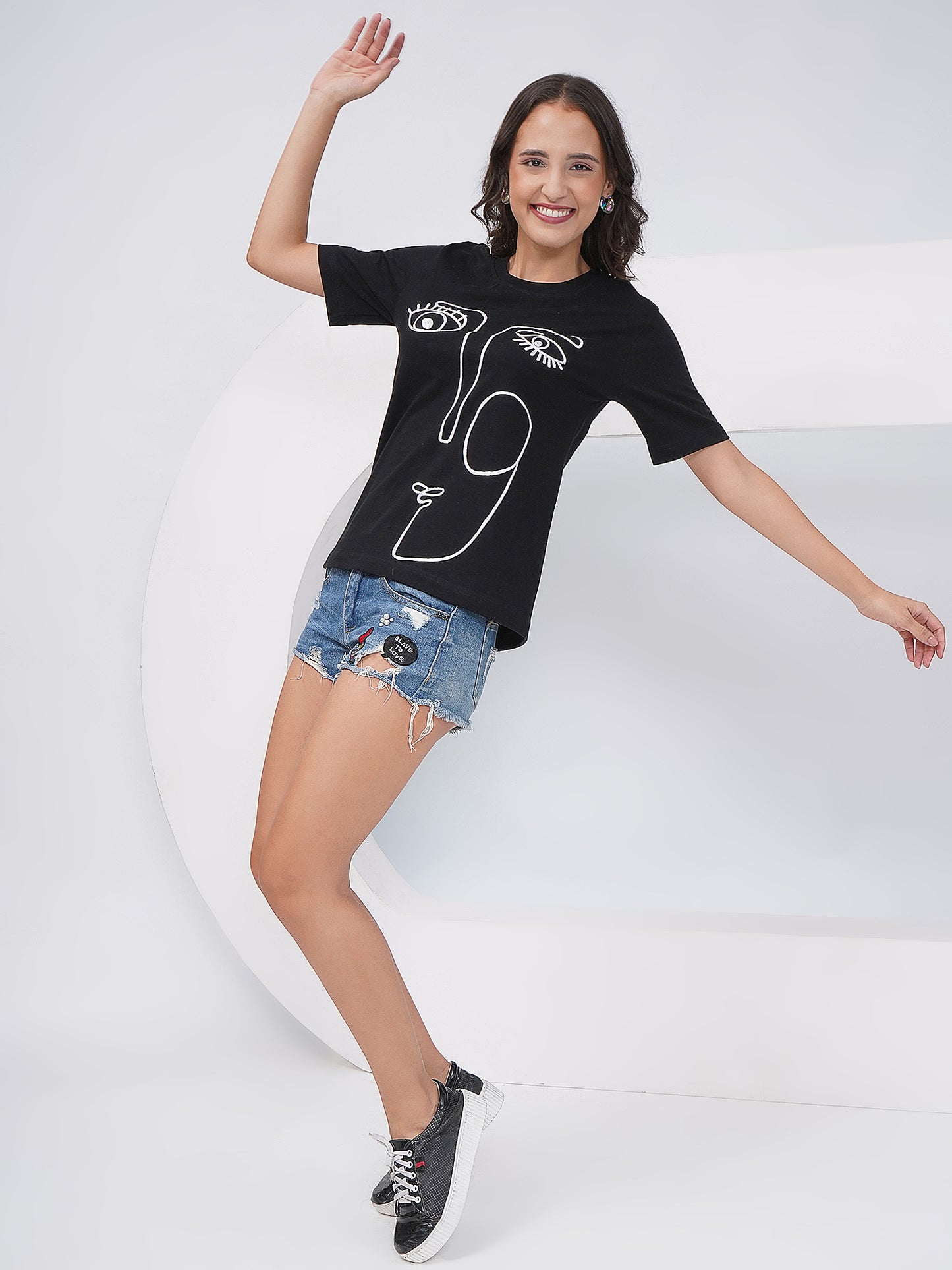 Women's Black Regular Fit Embroidered T-Shirt – KWRT008