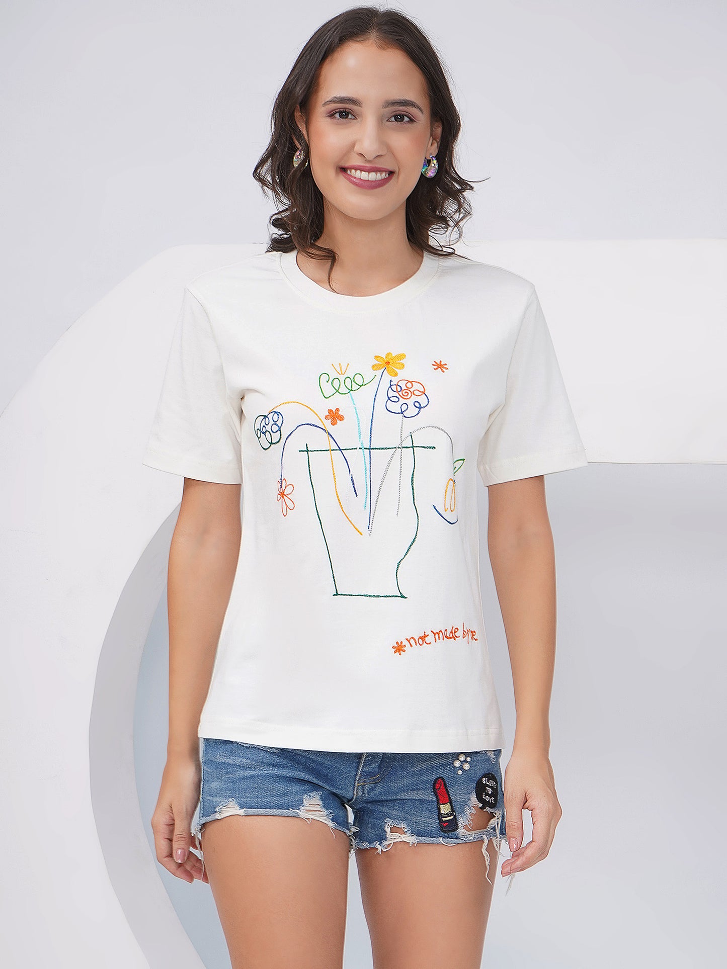 Women's Off-White Embroidered Regular Fit T-Shirt - KWRT010