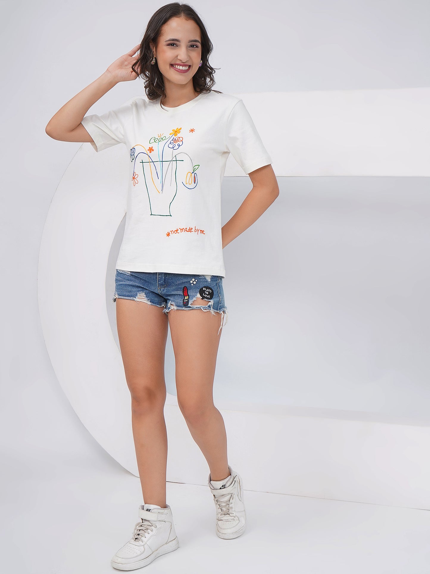 Women's Off-White Embroidered Regular Fit T-Shirt - KWRT010