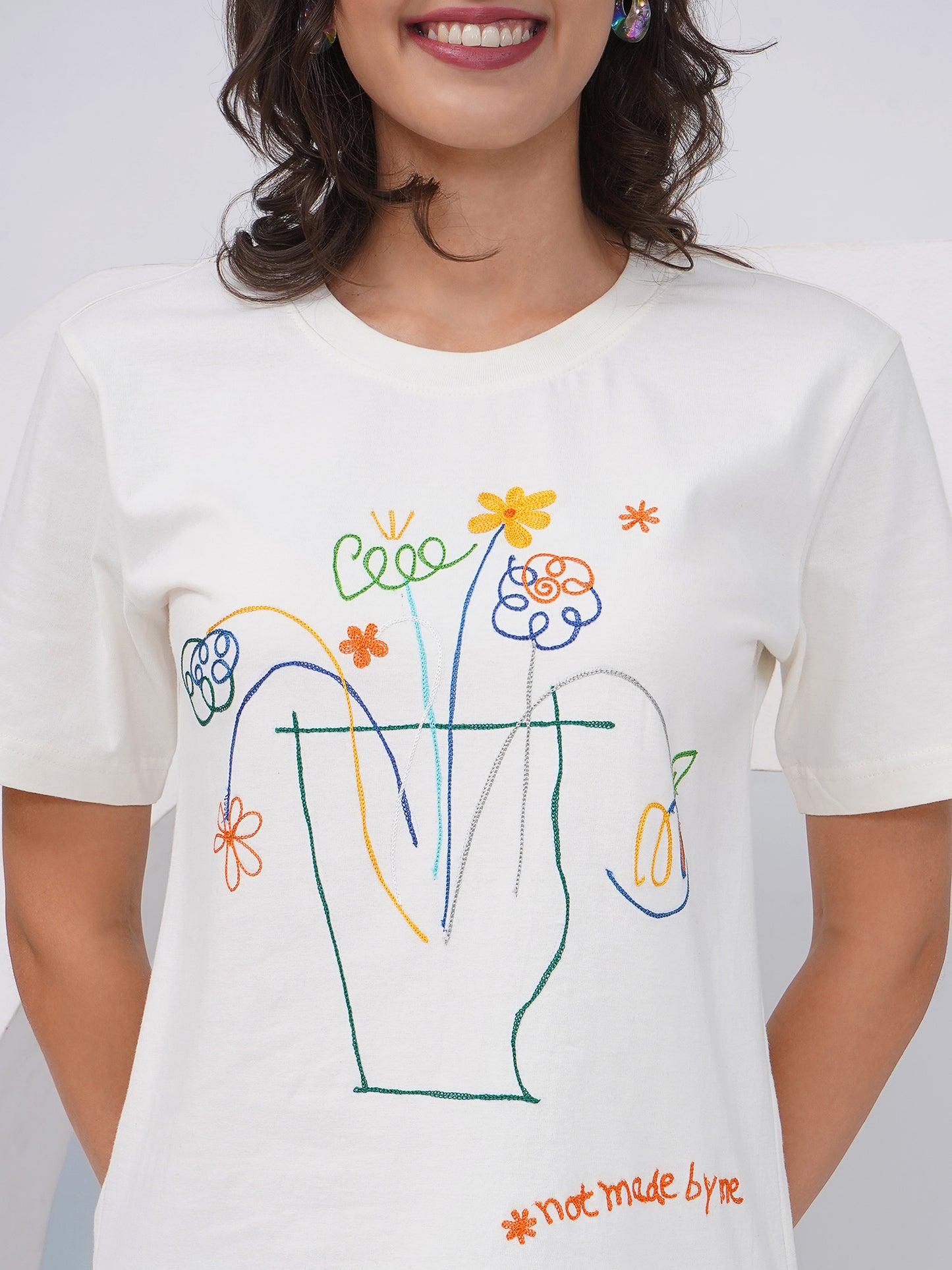 Women's Off-White Embroidered Regular Fit T-Shirt - KWRT010