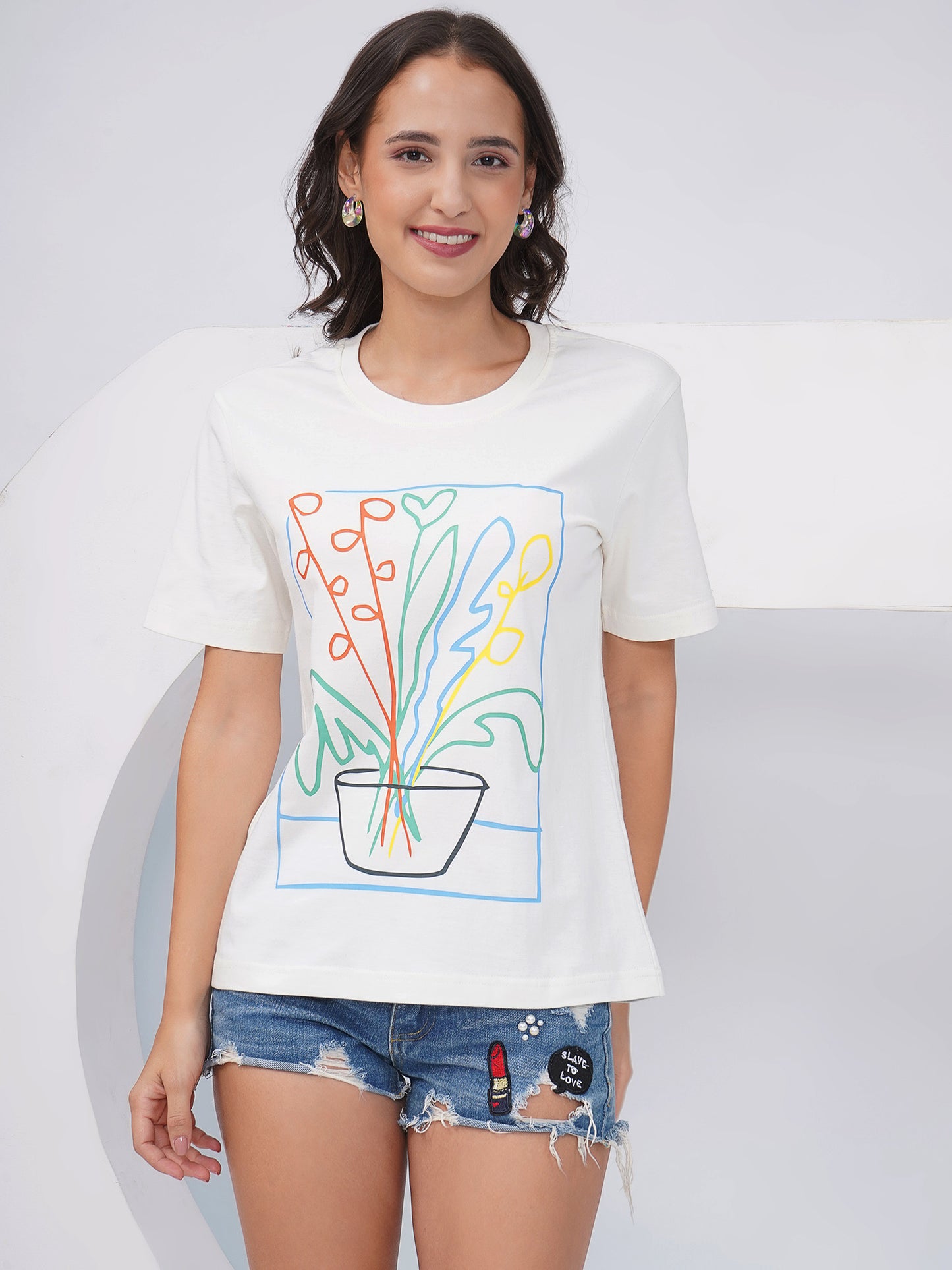 Women's Off White Graphic Printed Regular Fit T-Shirt-KWRT012