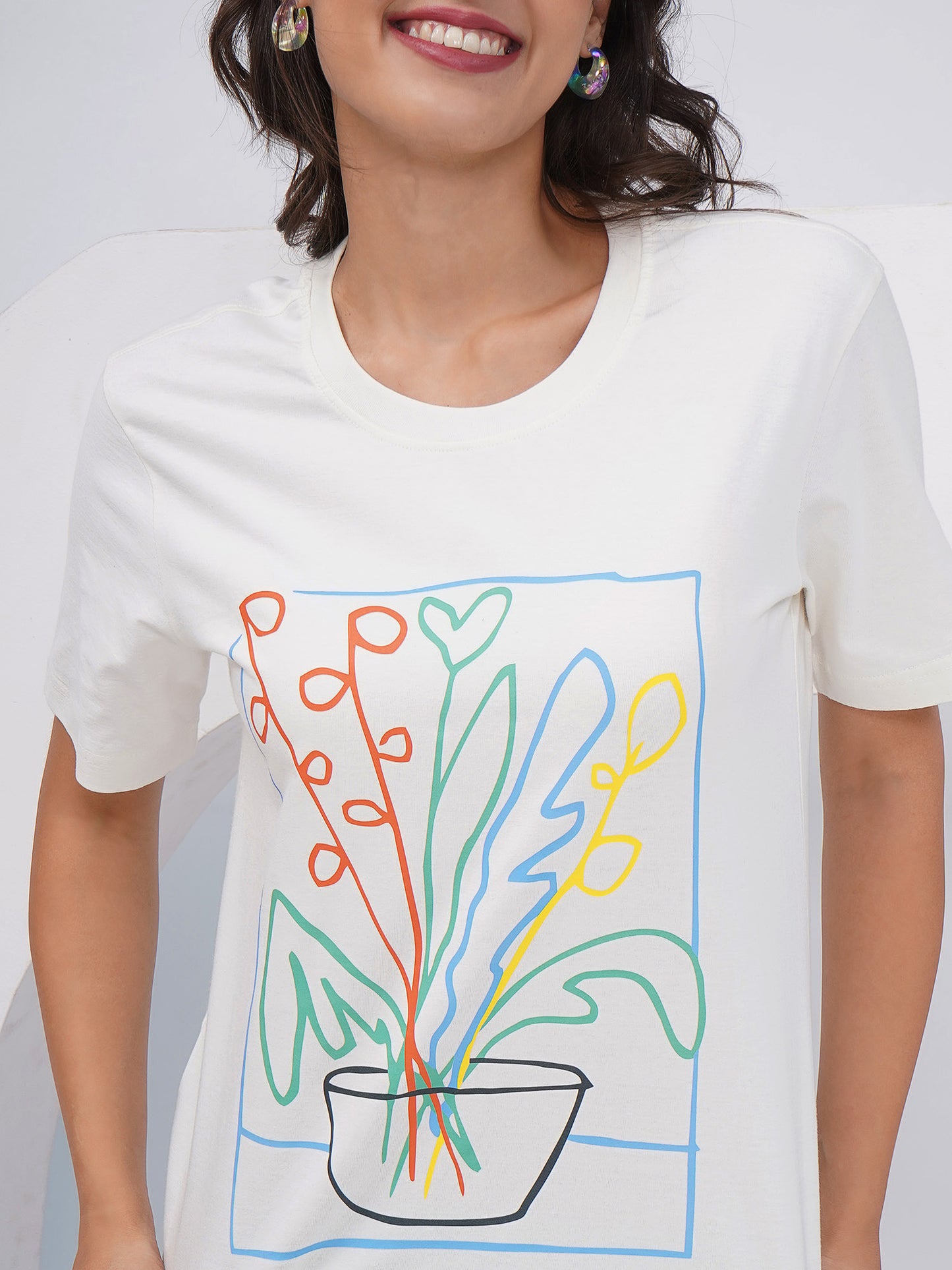 Women's Off White Graphic Printed Regular Fit T-Shirt-KWRT012