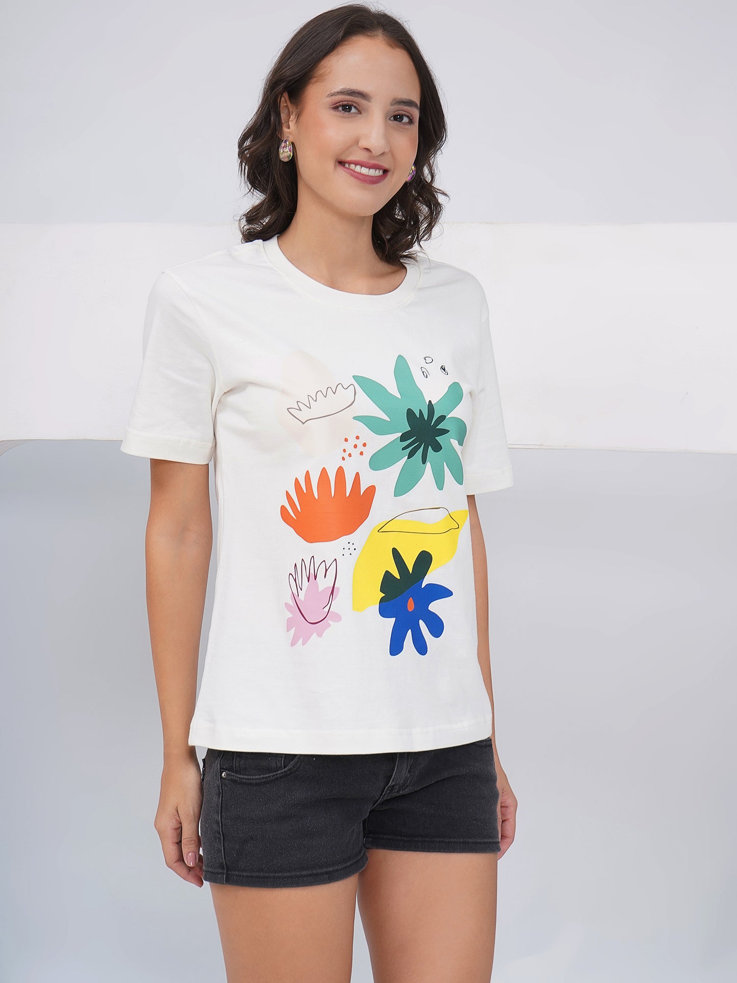 Women's Off-White Abstract Floral Printed Regular Fit T-Shirt-KWRT011