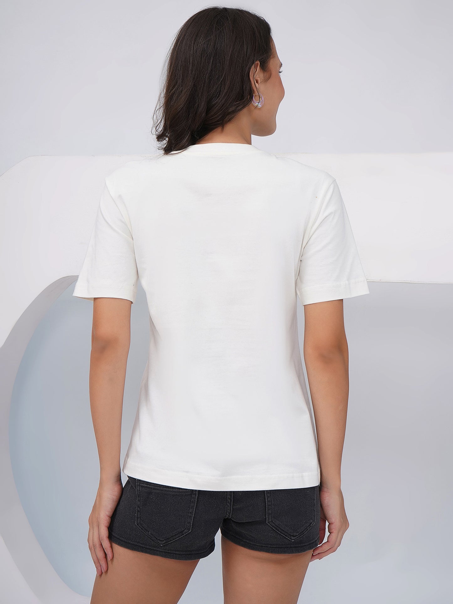 Women's Off-White Abstract Floral Printed Regular Fit T-Shirt-KWRT011