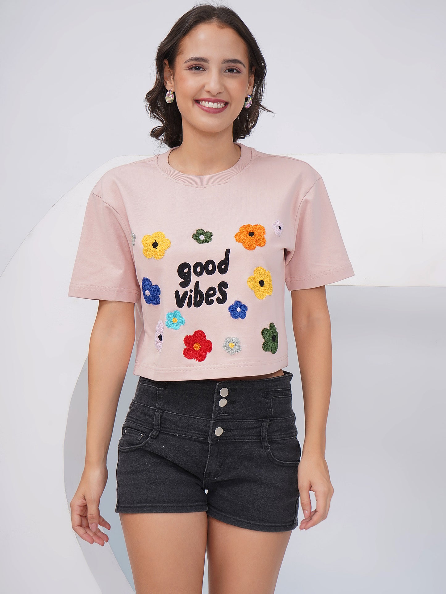 Blush Pink “Good Vibes” Embroidered Oversized Crop Top-KWCT003