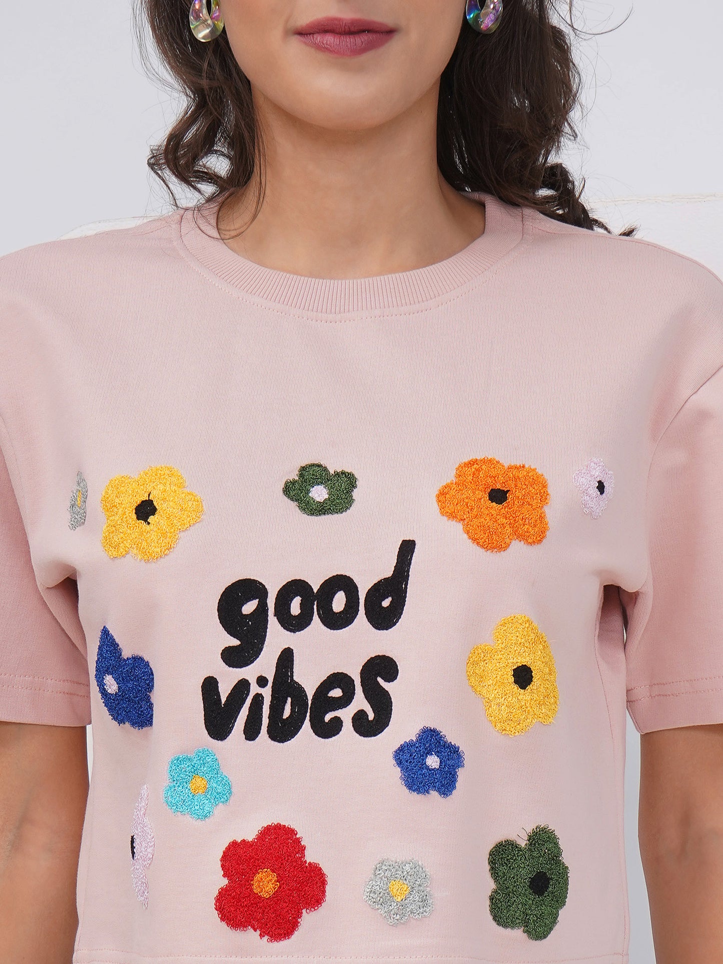 Blush Pink “Good Vibes” Embroidered Oversized Crop Top-KWCT003