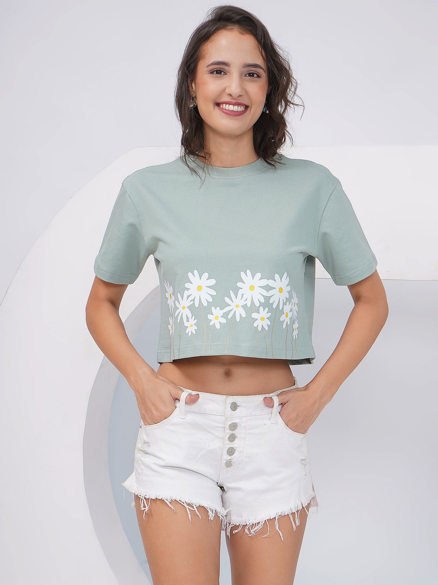 Sage Green Daisy Print Oversized Crop Top