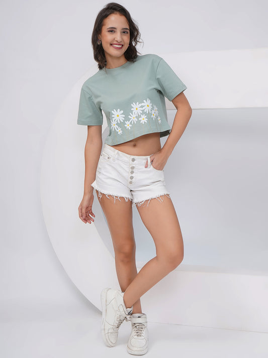 Sage Green Daisy Print Oversized Crop Top