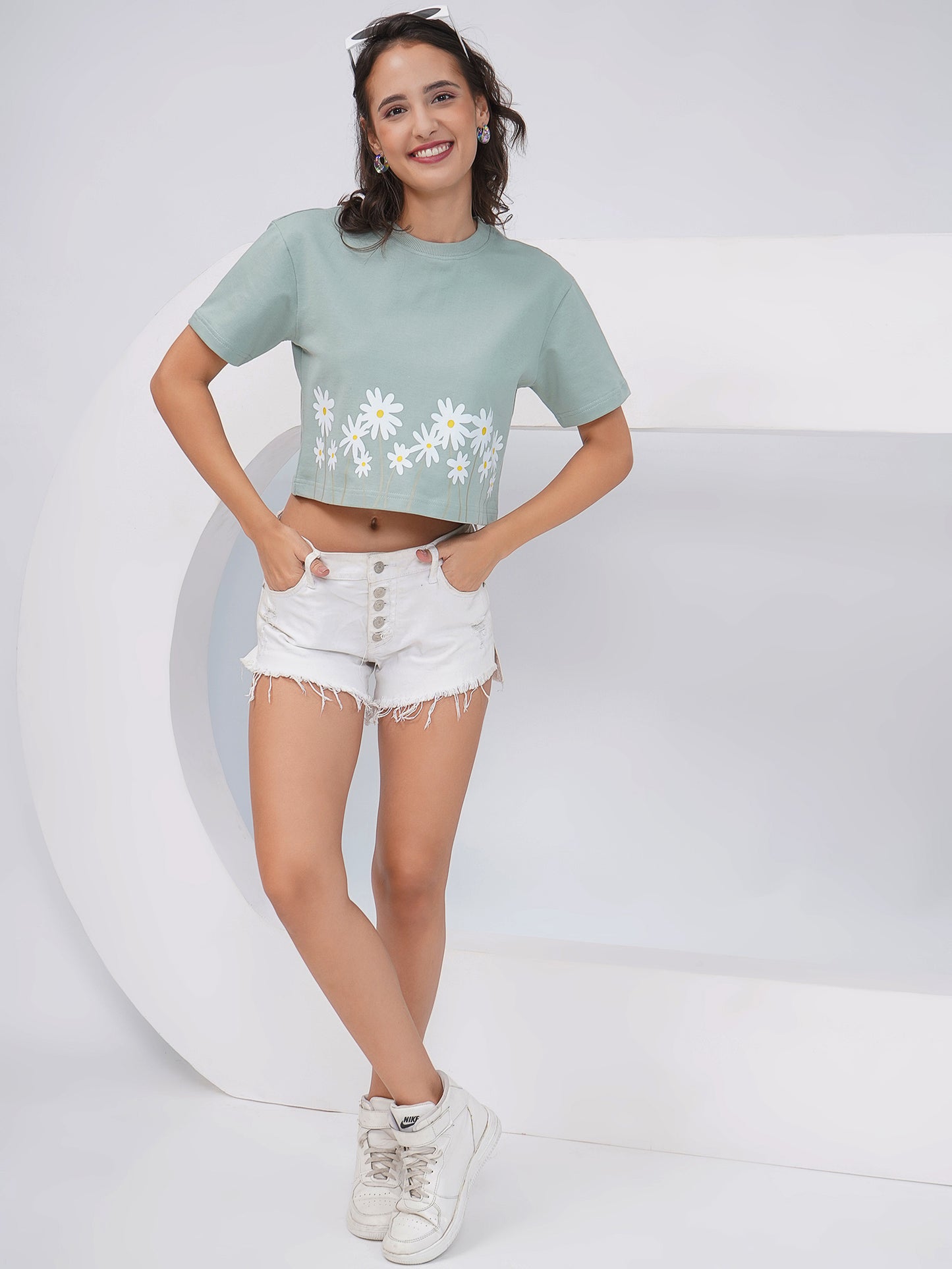 Sage Green Daisy Print Oversized Crop Top