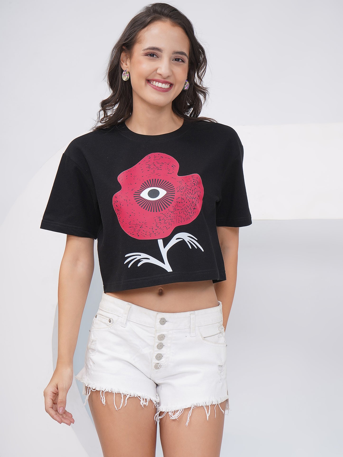 Black Oversized Graphic Print Crop Top- KWCT005