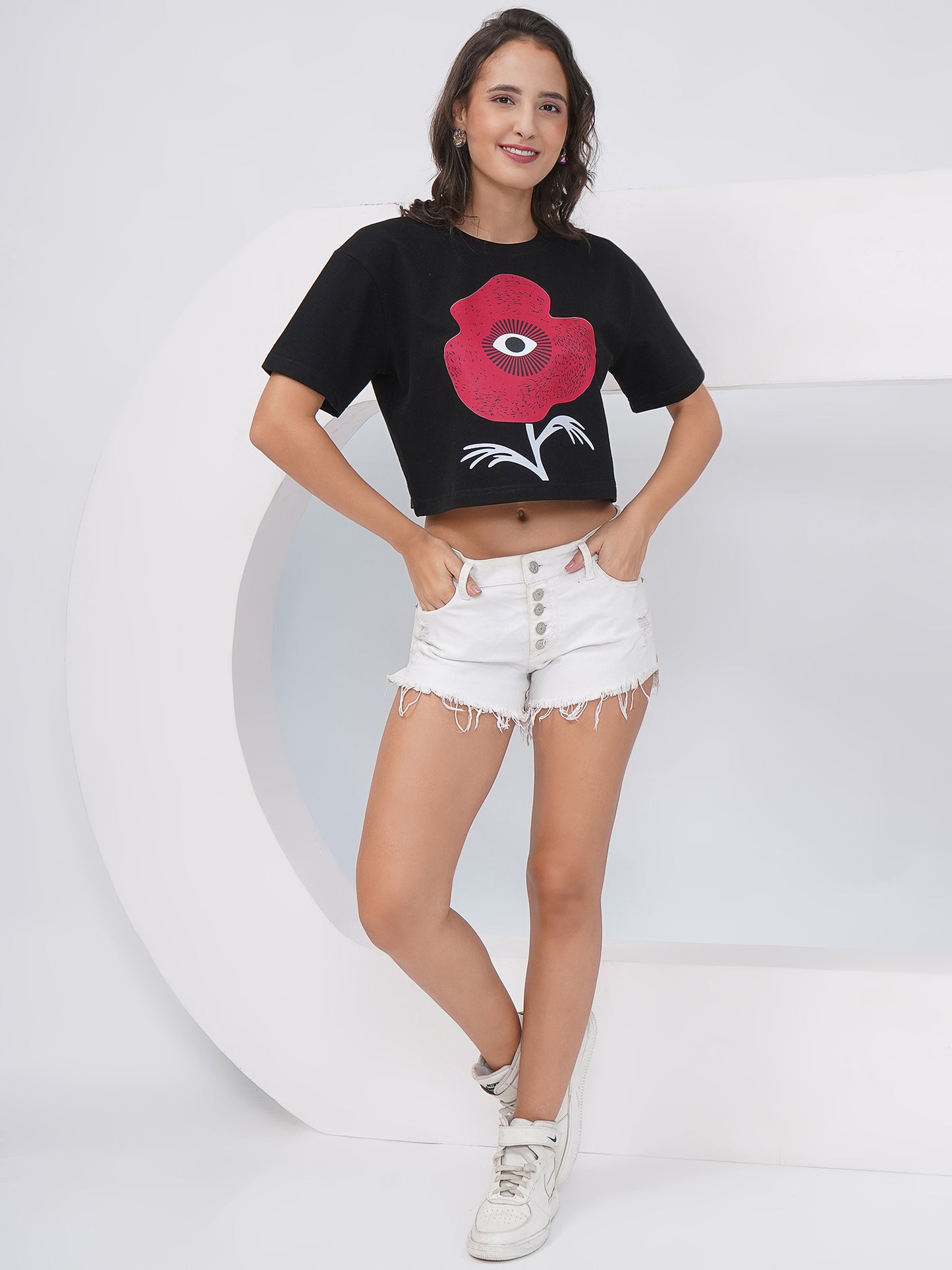 Black Oversized Graphic Print Crop Top- KWCT005