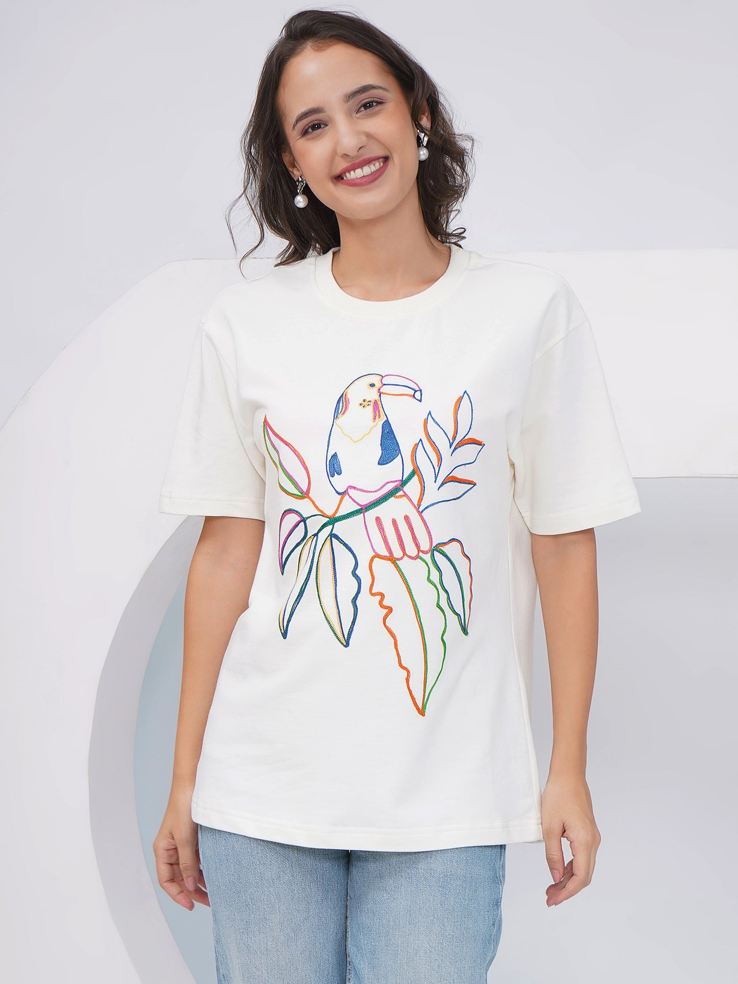Off White Oversized Embroidered T-Shirt – KWOT012
