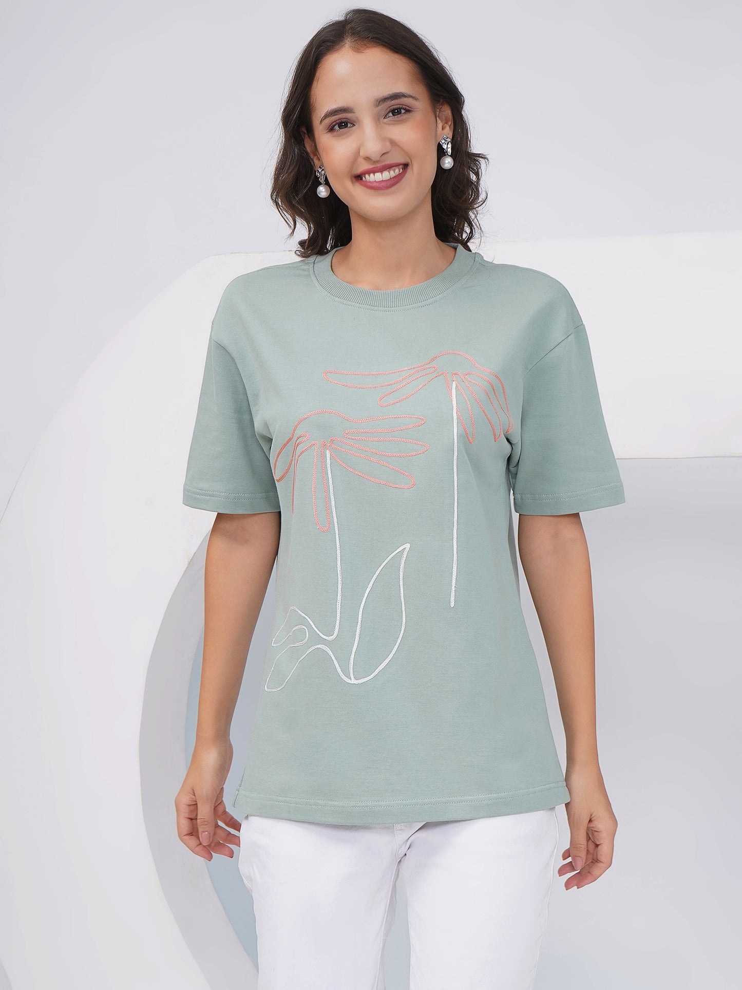 Sage Green Oversized Embroidered Floral T-Shirt – KWOT014