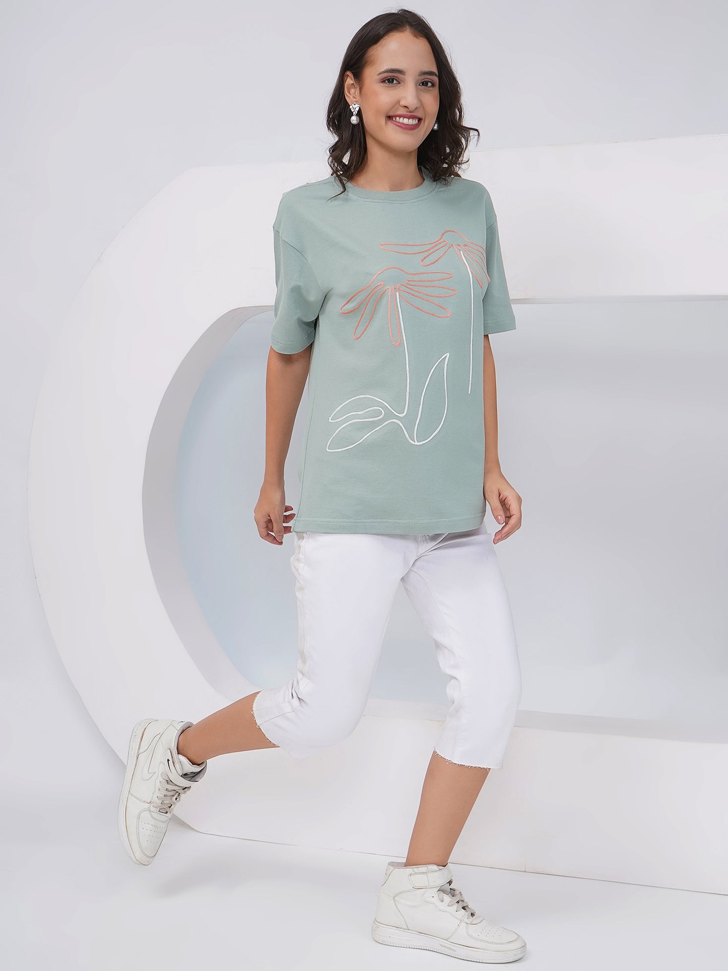 Sage Green Oversized Embroidered Floral T-Shirt – KWOT014