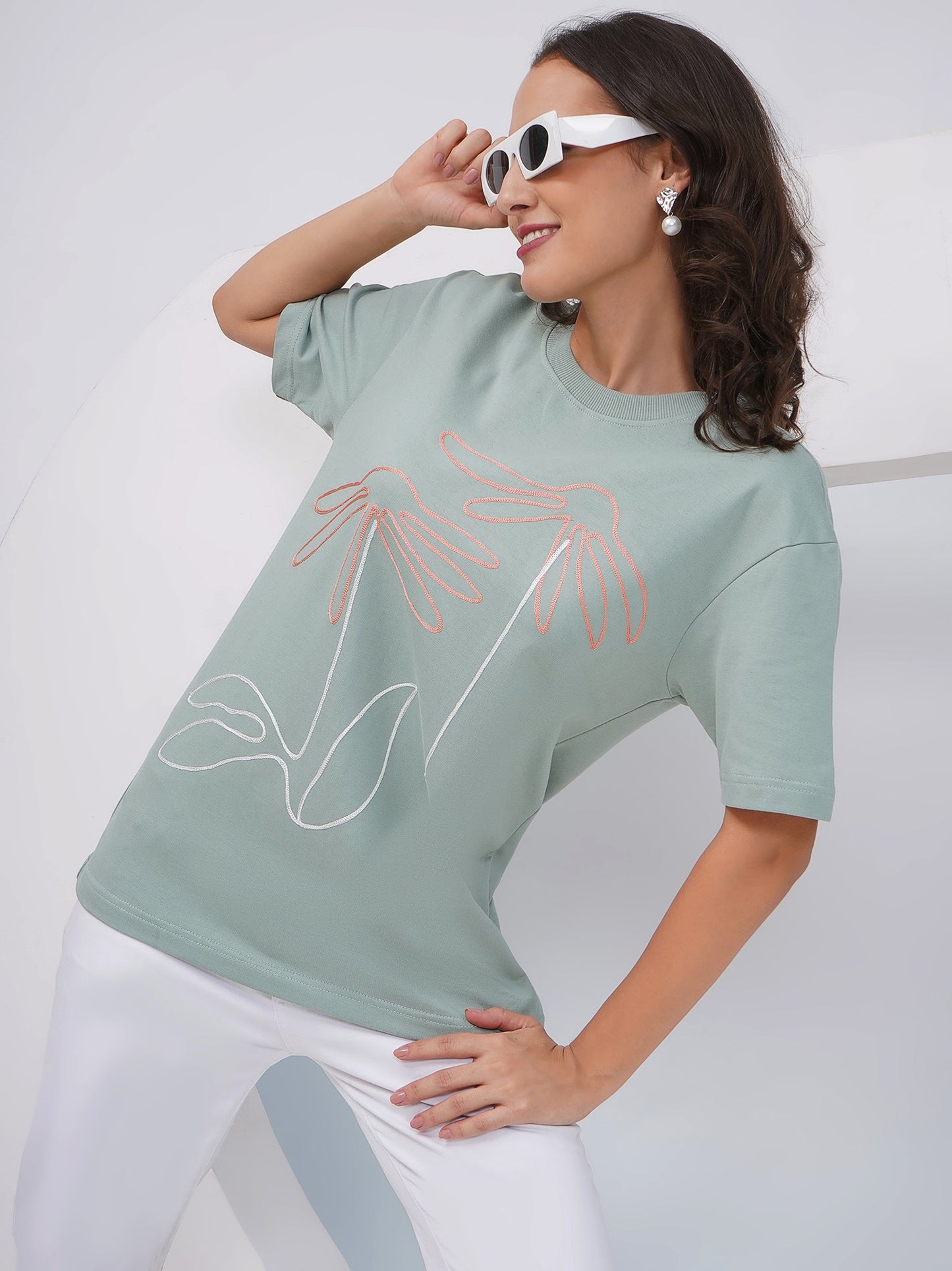 Sage Green Oversized Embroidered Floral T-Shirt – KWOT014
