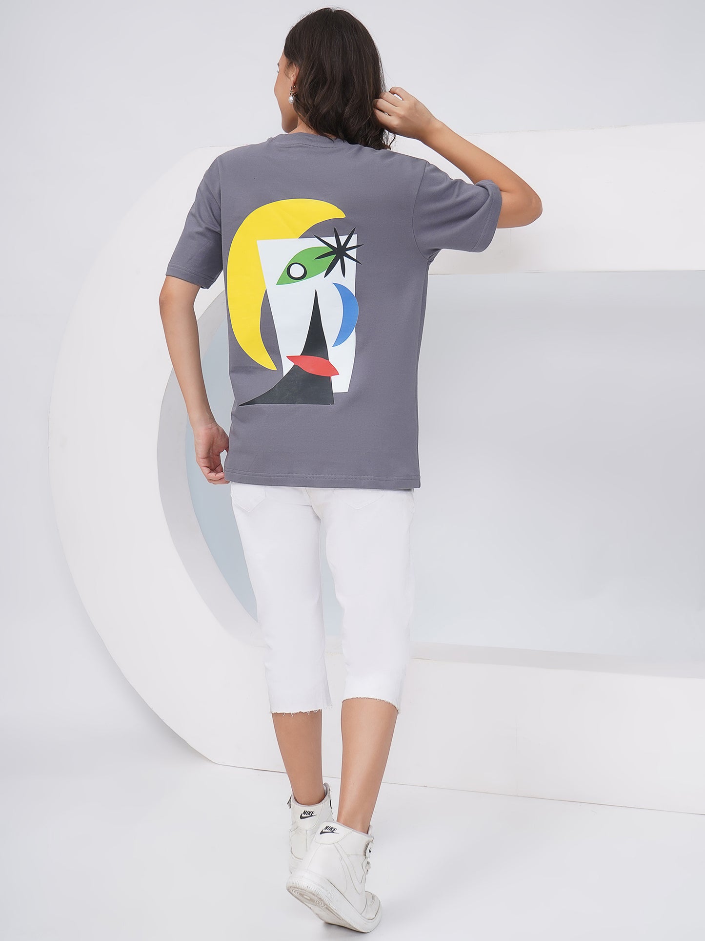 Charcoal Grey Oversized Abstract Graphic T-Shirt – KWOT015