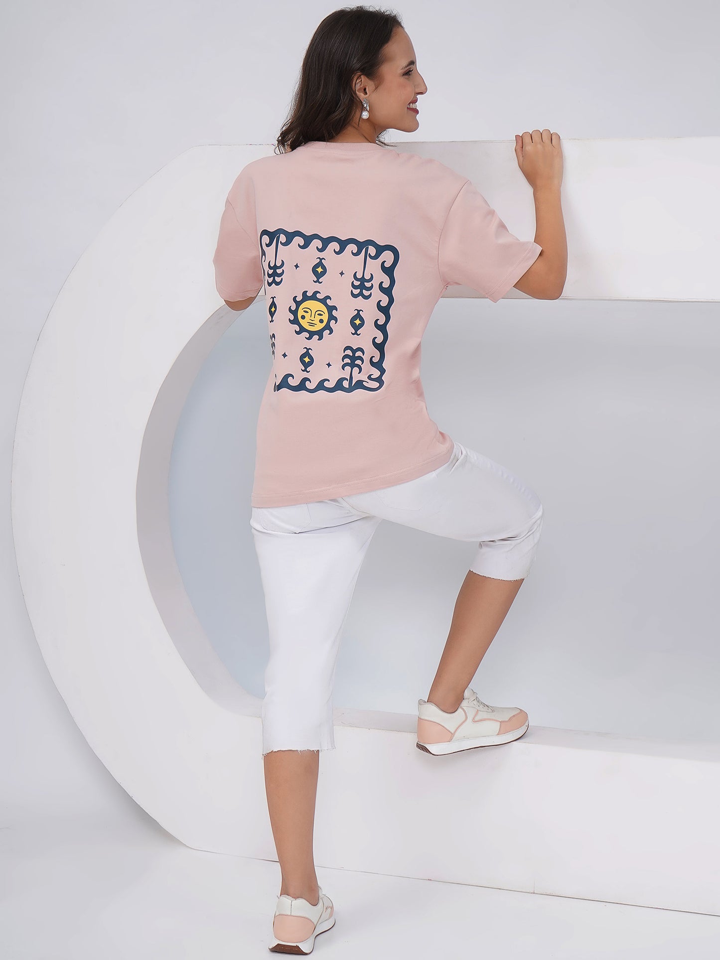 Blush Pink Oversized Sun & Symbols Graphic T-Shirt – KWOT016