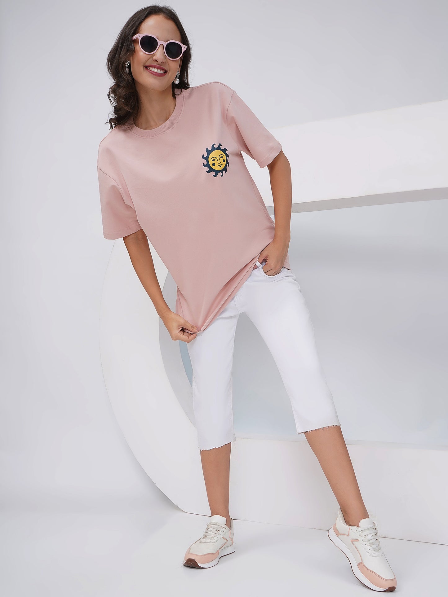 Blush Pink Oversized Sun & Symbols Graphic T-Shirt – KWOT016