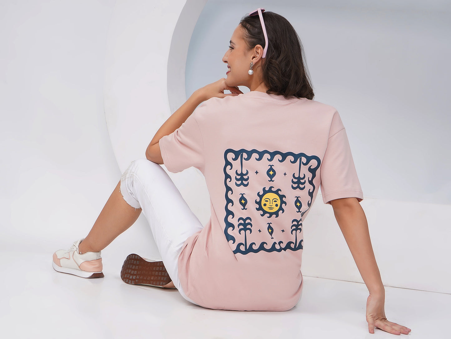 Blush Pink Oversized Sun & Symbols Graphic T-Shirt – KWOT016