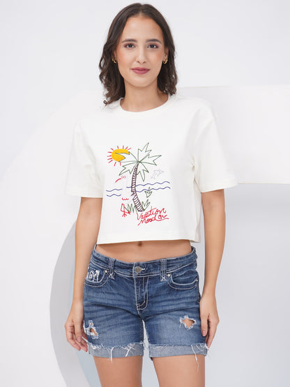 Off-White Embroidered Oversized Crop Top-KWCT001