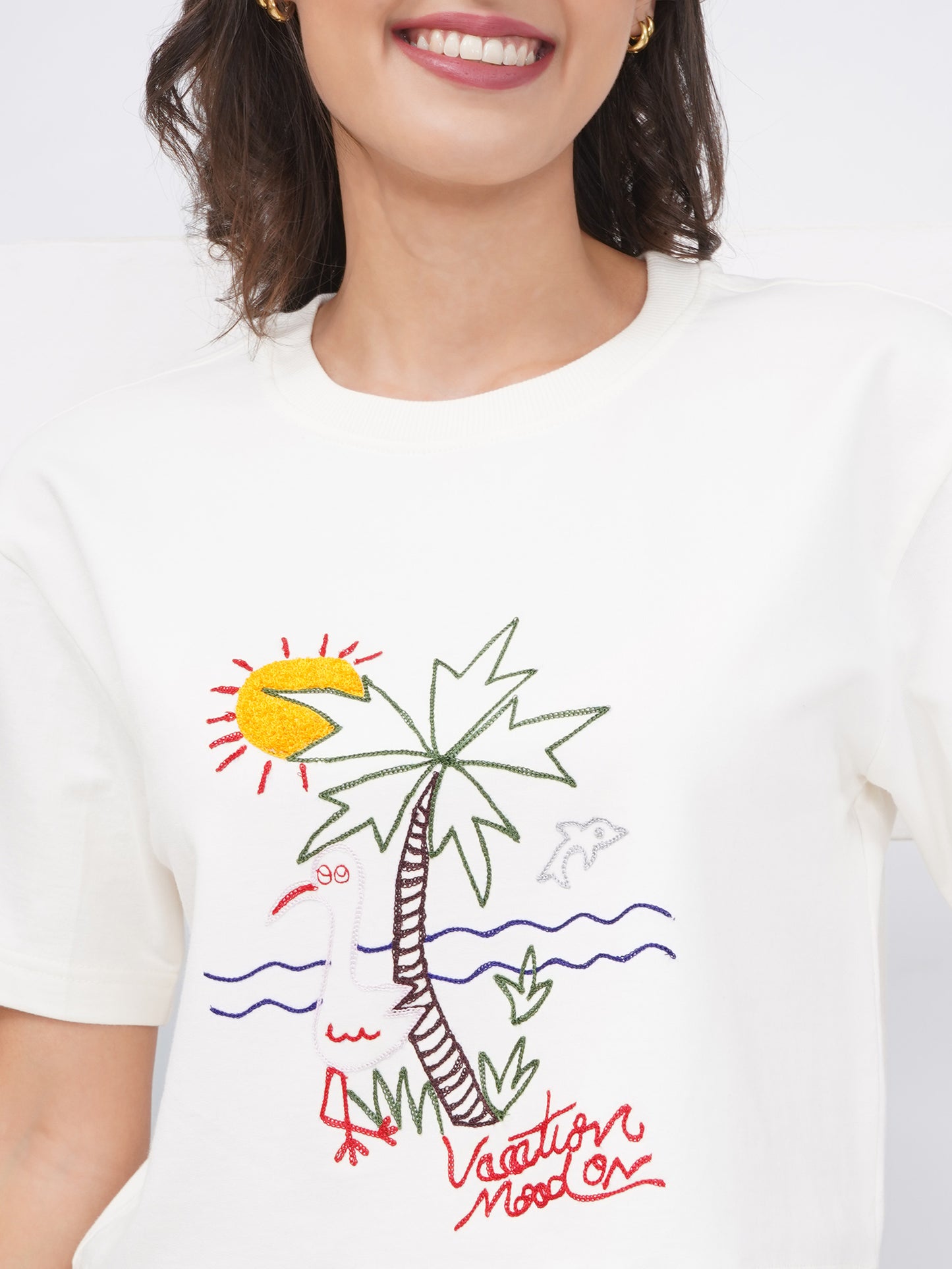 Off-White Embroidered Oversized Crop Top-KWCT001