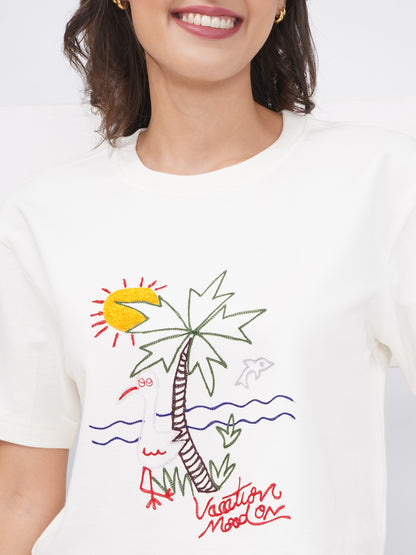 Off-White Embroidered Oversized Crop Top-KWCT001