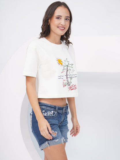 Off-White Embroidered Oversized Crop Top-KWCT001