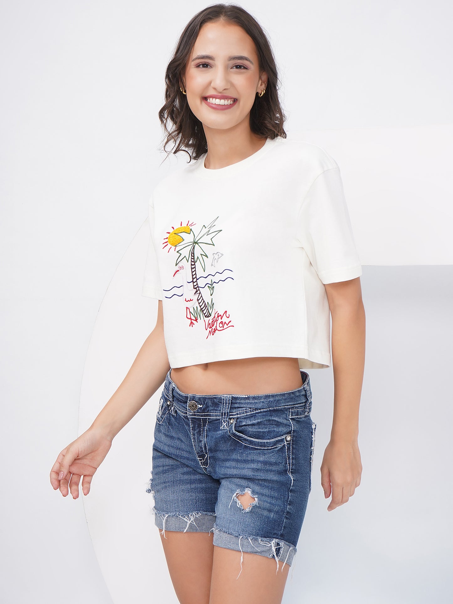 Off-White Embroidered Oversized Crop Top-KWCT001
