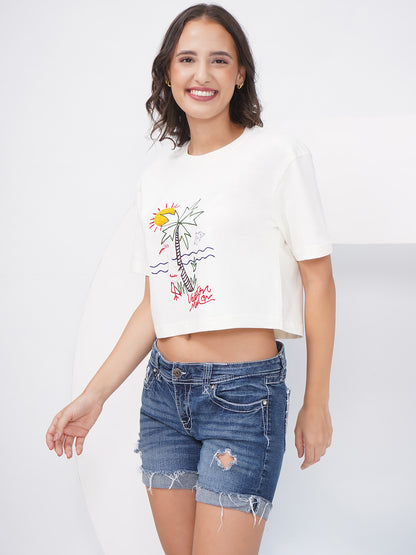 Off-White Embroidered Oversized Crop Top-KWCT001