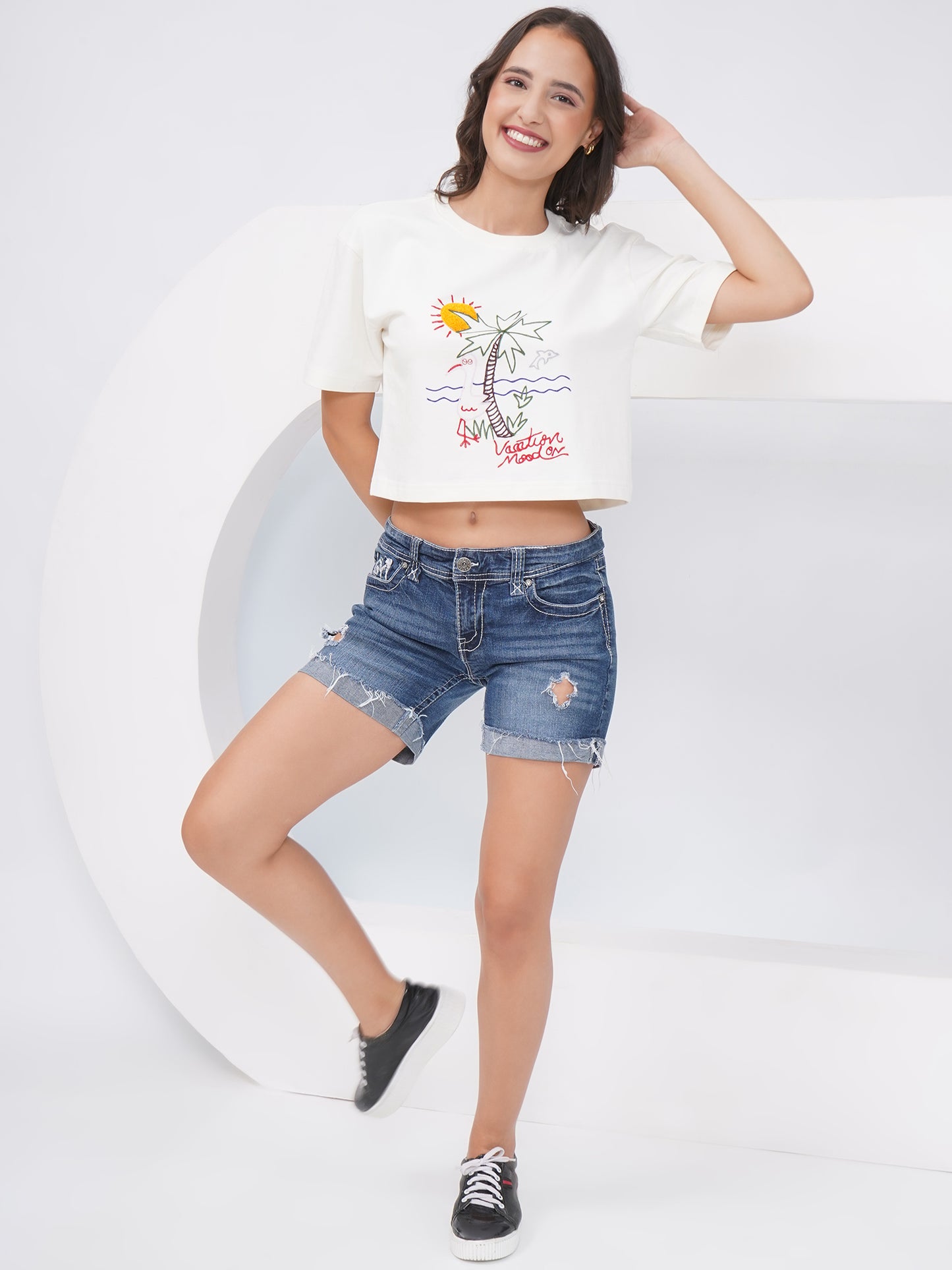 Off-White Embroidered Oversized Crop Top-KWCT001