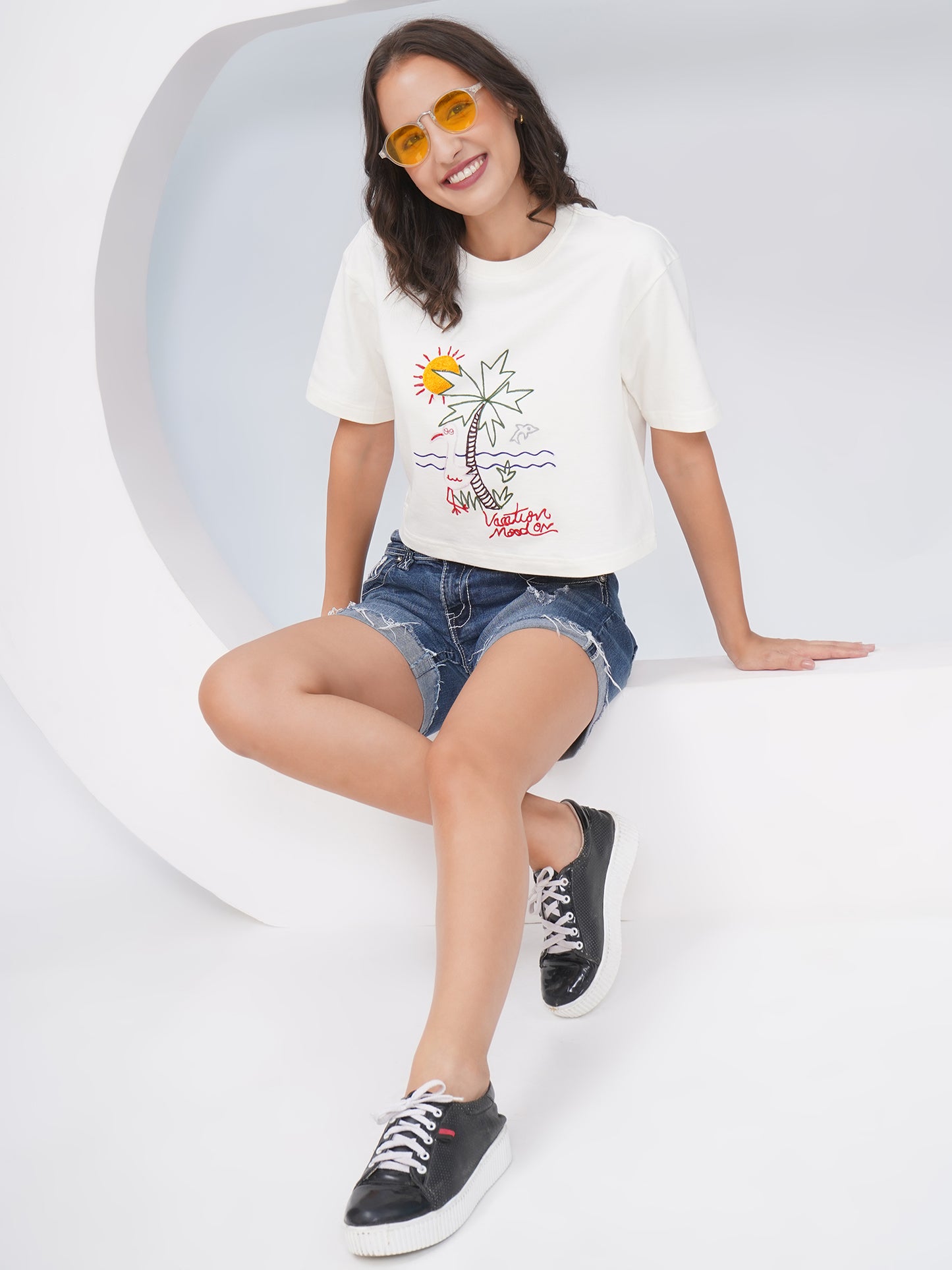 Off-White Embroidered Oversized Crop Top-KWCT001