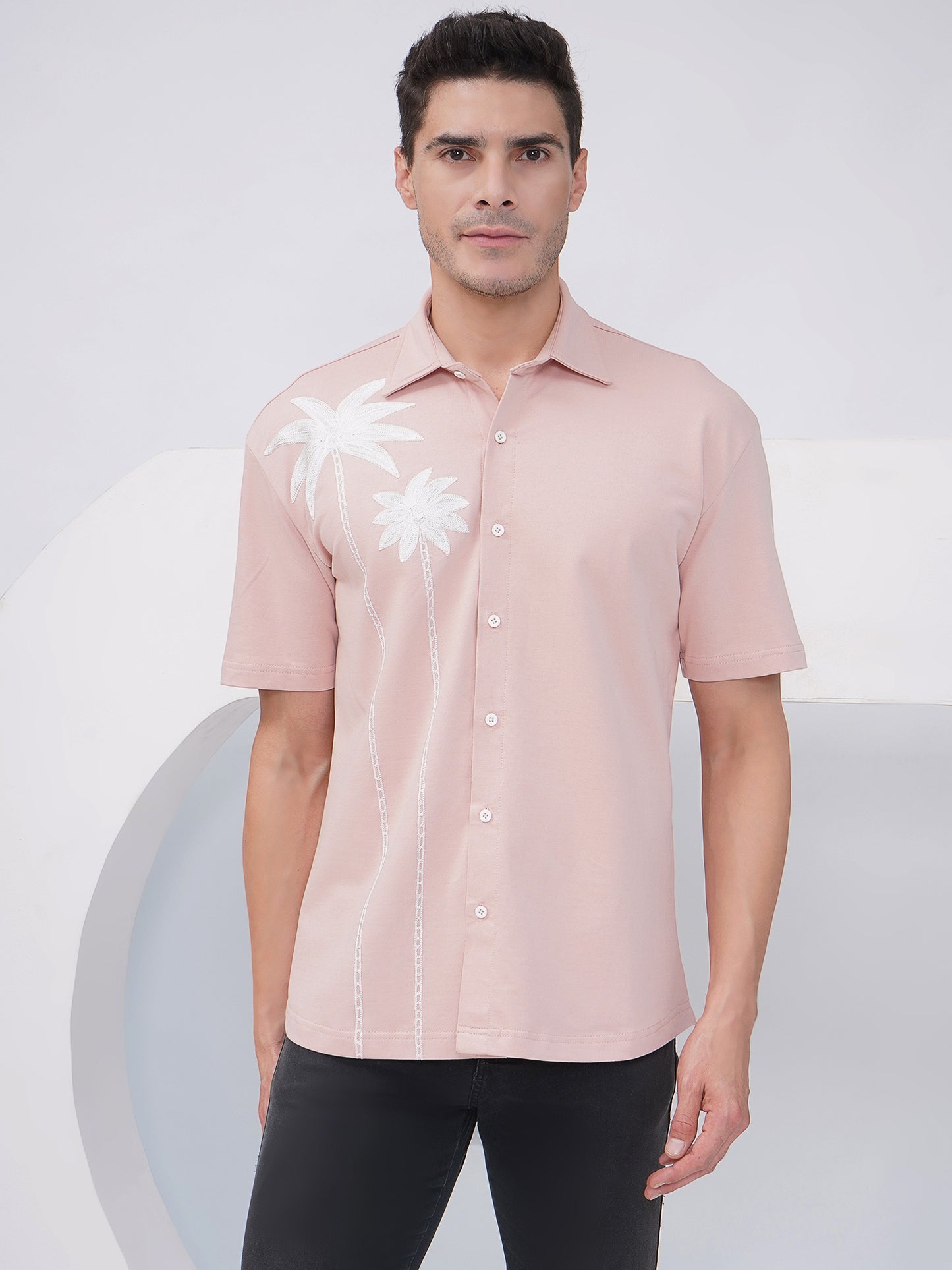 Men's Relaxed Fit Dusty Pink Palm Tree Embroidered Shirt- KMS005