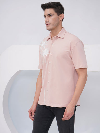 Men's Relaxed Fit Dusty Pink Palm Tree Embroidered Shirt- KMS005
