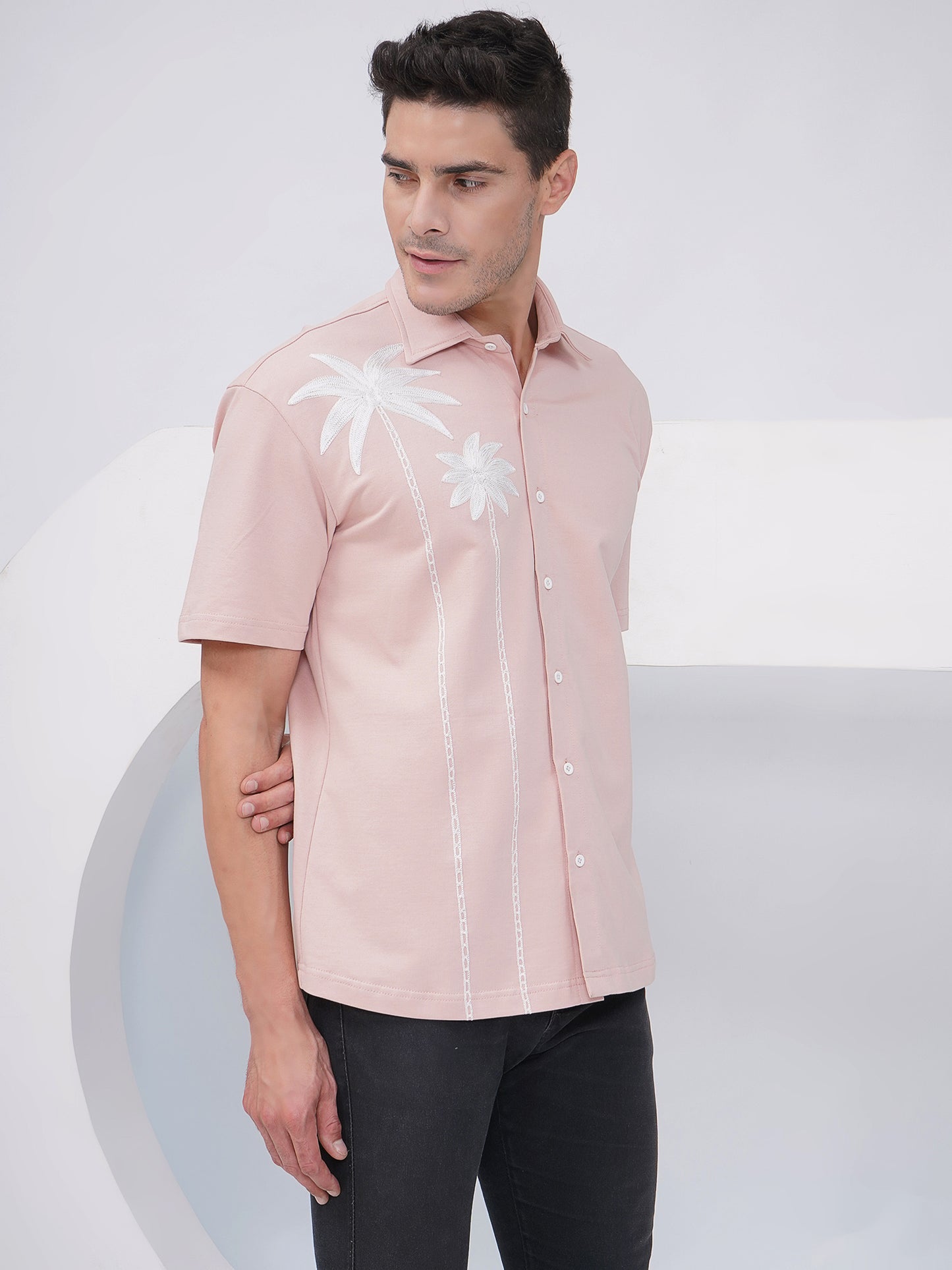 Men's Relaxed Fit Dusty Pink Palm Tree Embroidered Shirt- KMS005