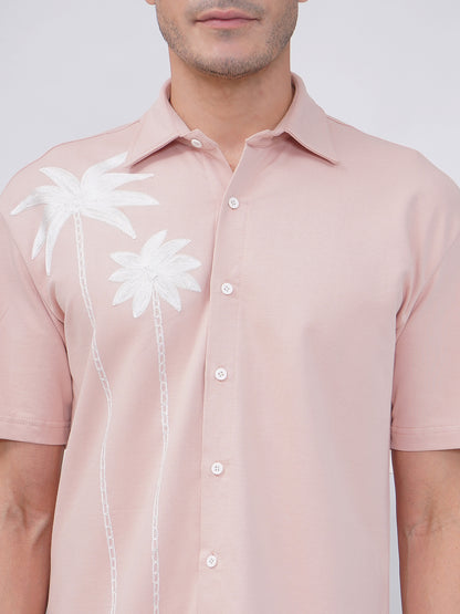 Men's Relaxed Fit Dusty Pink Palm Tree Embroidered Shirt- KMS005