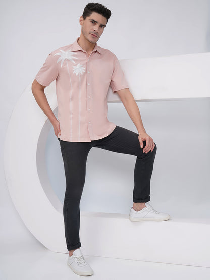Men's Relaxed Fit Dusty Pink Palm Tree Embroidered Shirt- KMS005