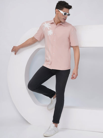 Men's Relaxed Fit Dusty Pink Palm Tree Embroidered Shirt- KMS005