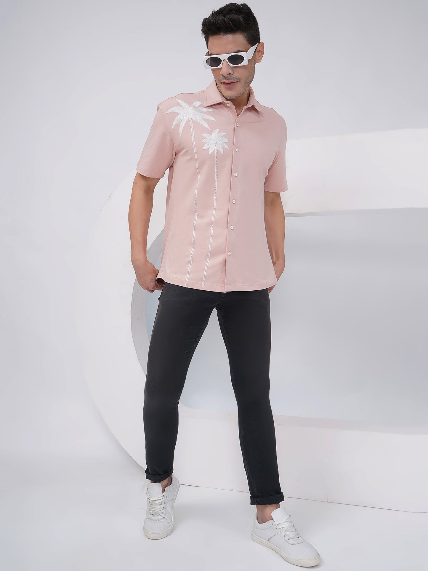 Men's Relaxed Fit Dusty Pink Palm Tree Embroidered Shirt- KMS005