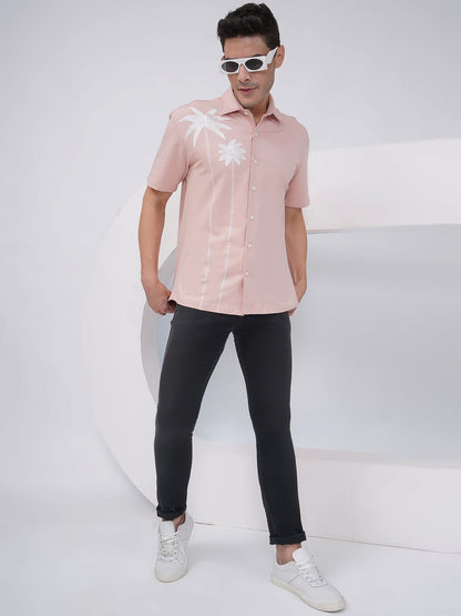 Men's Relaxed Fit Dusty Pink Palm Tree Embroidered Shirt- KMS005