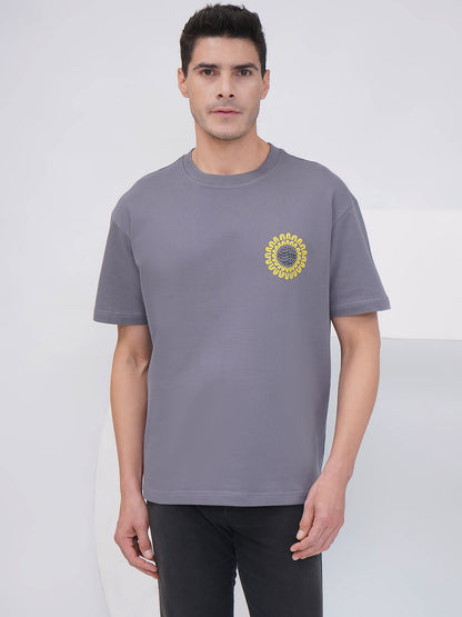 Grey Oversized T-Shirt with Botanical Back Print- KMOT002