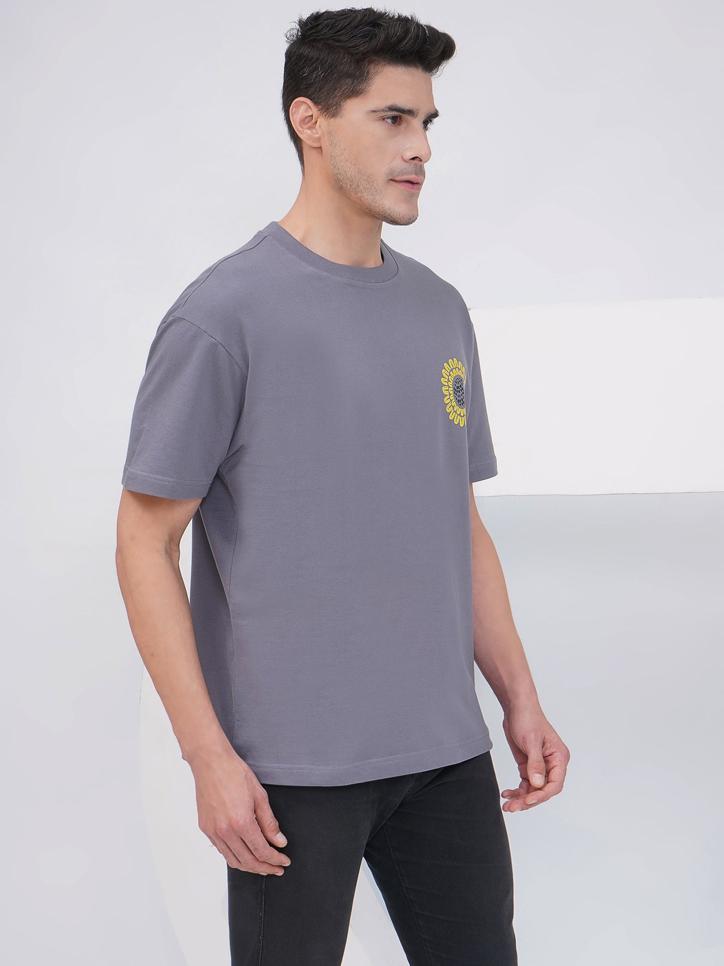 Grey Oversized T-Shirt with Botanical Back Print- KMOT002