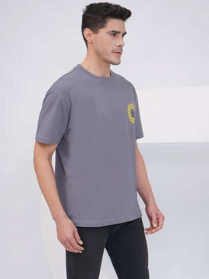 Grey Oversized T-Shirt with Botanical Back Print- KMOT002