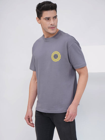 Grey Oversized T-Shirt with Botanical Back Print- KMOT002