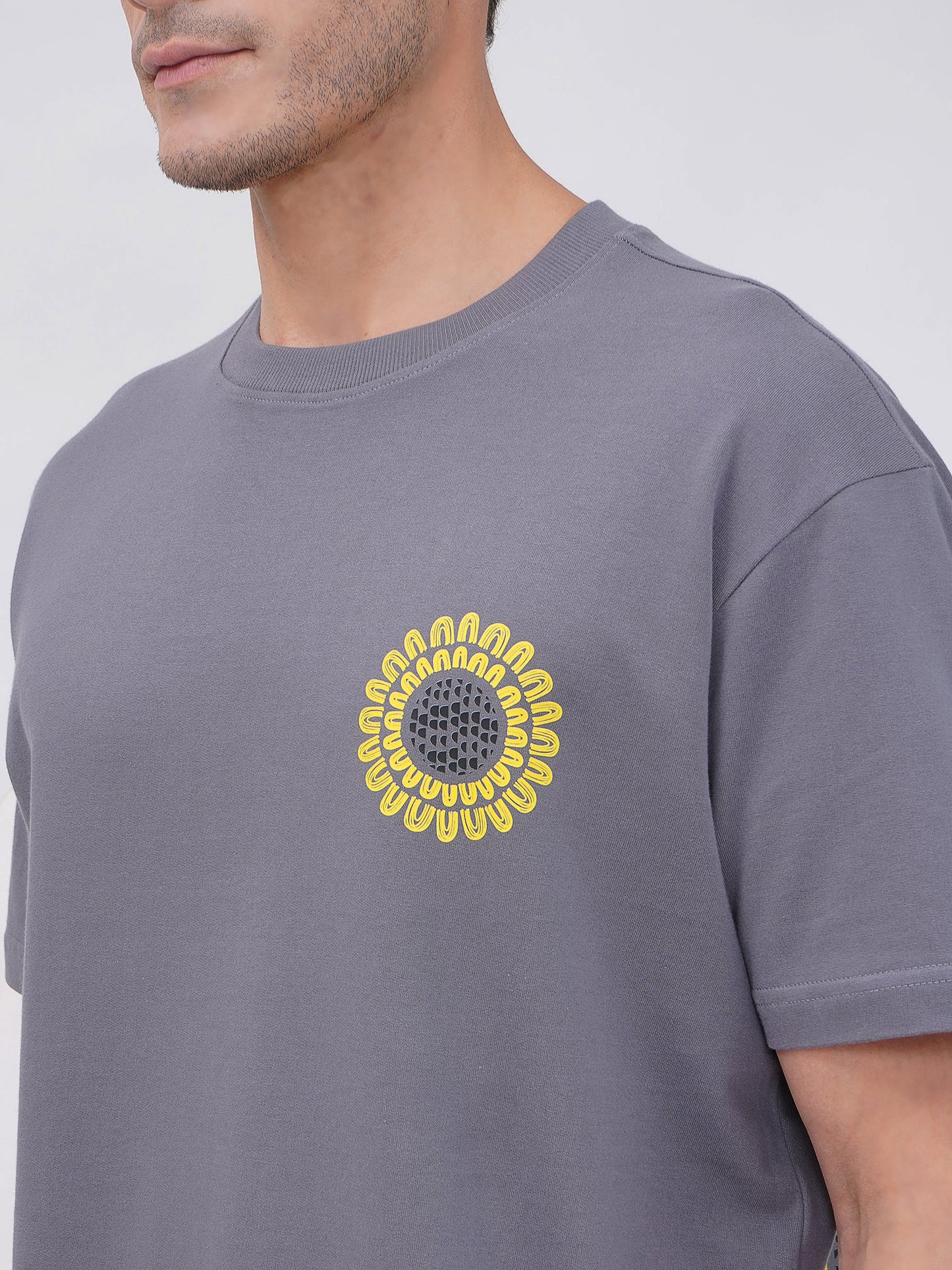 Grey Oversized T-Shirt with Botanical Back Print- KMOT002