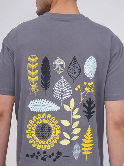Grey Oversized T-Shirt with Botanical Back Print- KMOT002