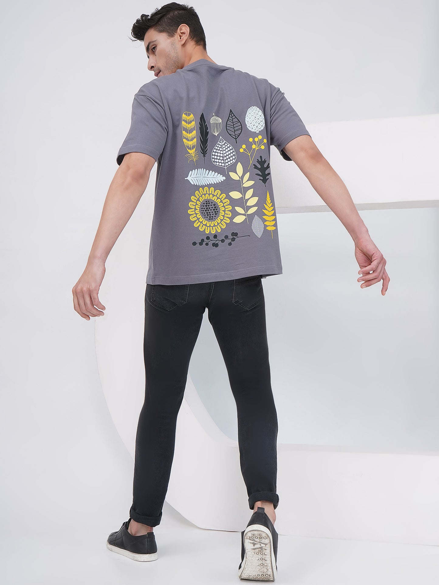 Grey Oversized T-Shirt with Botanical Back Print- KMOT002