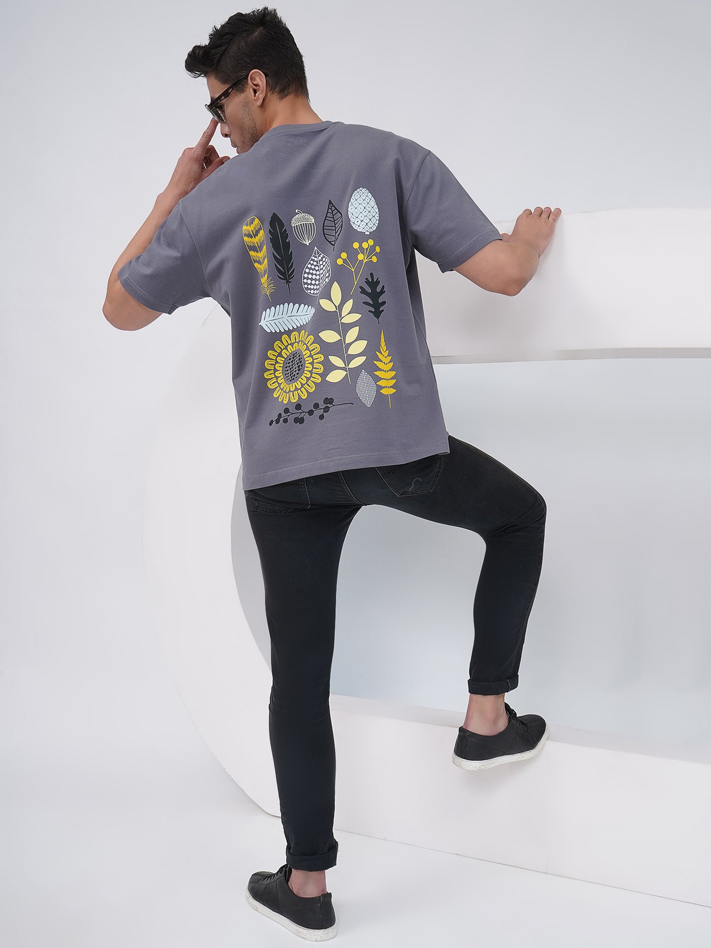 Grey Oversized T-Shirt with Botanical Back Print- KMOT002