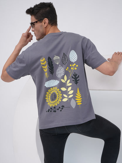 Grey Oversized T-Shirt with Botanical Back Print- KMOT002