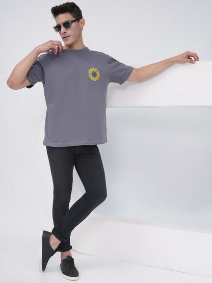 Grey Oversized T-Shirt with Botanical Back Print- KMOT002